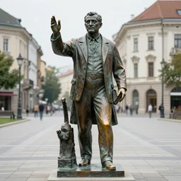 a bronze statue of viktor mihaly orban outside in the city at a square