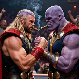 hyperrealistic mixed media image of Thor arm wrestling Thanos smoking a cigar at an arm wrestling championship, crowd cheering in the background, in the style of Over The Top movie, stunning 3d render inspired art by István Sándorfi and Greg Rutkowski, perfect facial symmetry, realistic, highly detailed attributes and atmosphere, dim volumetric cinematic lighting, 8k octane extremely hyper-detailed render, post-processing, masterpiece,