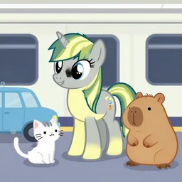 a gray yellow my little pony, a cat, a car and a wombat at in the subway