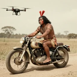 Maori warrior on ancient motorcucle with drone by david lachapelle, old photo, vintage