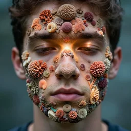 realistic photo of a a blurred face of a fraternity member, covered in spheres of coral reef on his face, emitting aura 1 9 6 0, life magazine photo, natural colors, metropolitan museum, kodak, 8 k, very detailed, high resolution, product photo,