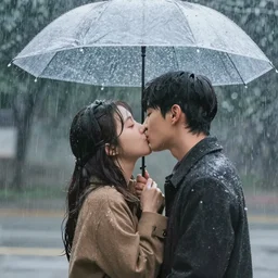 A romantic couple from a Korean drama kissing in the rain crash landing in your heart, cover, real life