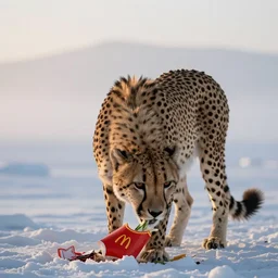 a highly detailed cinematic photograph of a lonely cheetah on the north pole, in the morning mist, eating from mcdonalds trash, ultra realistic, depth, beautiful lighting, by annie leibovitz, hasselblad, 1 0 0 mm, bokeh, photorealistic, hyperrealistic, octane, masterpiece