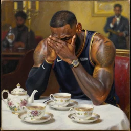 lebron james solemn at tea party, melancholy, oil on canvas, intricate, 8 k highly professionally detailed, hdr, cgsociety