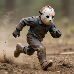 action photography, long shot, award winning macro photo of an ultra detailed jason voorhees running very fast on mud, dirt and dust, fast shutter speed, motion blur, tiny gaussian blur, highly detailed, highly intricate, depth of field, national geographic