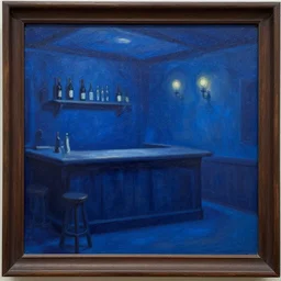 blue will - o'- the - wisp in an empty d & d tavern at night, oil painting