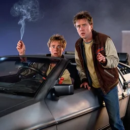 movie still from back to the future. delorean. smoking. doc brown and marty mcfly scared. photorealistic