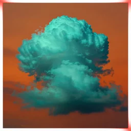 a photorealistic hyperrealistic deep vivid colors of a floating teal cumulonimbus cloud in a dark orange sky high def camera defined edges rectangular image with red corners