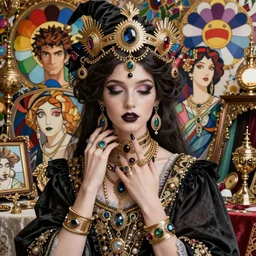 a masterpiece ultrarealistic ultradetailed portrait of beautiful love, jewelry genius, witch girl on vintage flea market baroque renaissance. medium shot, intricate, elegant, by stanley artgerm lau, wlop, alphonse mucha, rossdraws, andrei riabovitchev, yoshitaka amano. flower background my james jeand and takashi murakami.