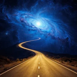 a golden road highway winding through a nebula, by peter elson and paul lehr and jack gaughan and delphin enjolras, psychedelic, blue mood, blue light