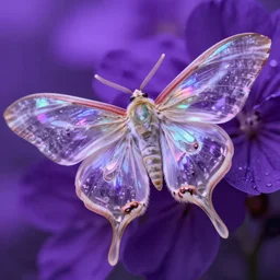 high quality close-up photo pearlescent translucent moth! jeweled gorgeous! highly detailed david ligare elson peter cinematic purple neon lighting high quality low angle hd 8k sharp shallow depth of field