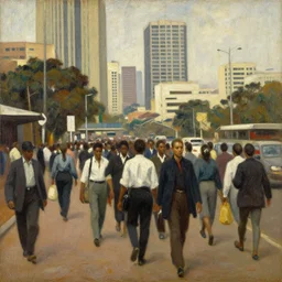 painting of south african commuters heading to the central business district of johannesburg, painted by laurence stephen lowry, oil on canvas, national gallery
