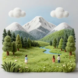 a meadow made of wool, felt mountains in the background, wool trees and forest, felt river, wool clouds, wool people, an award winning artwork, hyperrealistic, beautiful, high quality, professional