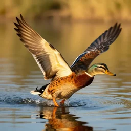 beautiful digital painting of a duck with tiger colored feathers. It spreads its wings majestically as it takes off from a placid river in the south of france. Golden hour, perfect contrast, awe inspiring.