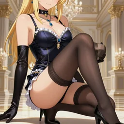 Worksafe. Illustration, close-up, blonde girl posing in luxury palace hall, wearing leotard, jewelry, elbow gloves, choker, pantyhose tights, high heels. Silk, nylon, latex, satin, frills, laces. Anime style at Pixiv and ArtStation, by krenz cushart, extremely detailed, HD, high quality, perfect.