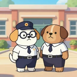 A nerd dog and a jock dog standing together in uniform in front of a school, anthro, CalArts cartoon style, volumetric lighting