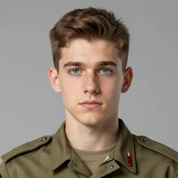 Young man with brown hair and blue eyes, wearing a military uniform, by Greg Rutkowski, trending on artstation