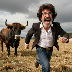 close up of screaming bob ross running from the bulls in pamplona spain