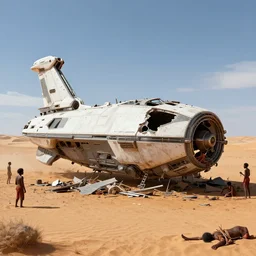 a destroyed spaceship that is being disassembled by aborigines for spare parts in the desert, digital art, highly detailed, clean, sci - fi, sharp focus, trending on artstation hq, deviantart, unreal engine 5, 4 k uhd image