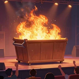 Large dumpster fire on stage, crowd cheering
