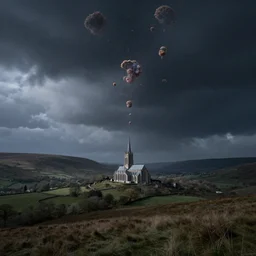 a photo of small blobs of interdimensional fractal creatures falling from the sky in the distance, on a dark night, a vast landscape with a cathedral of cloud over pastoral welsh hills, dust particles, natural lighting, natural color palette, awe inspiring, volumetric - lighting - style atmosphere, surreal atmosphere, intricate, detailed, photorealistic imagery, artstation