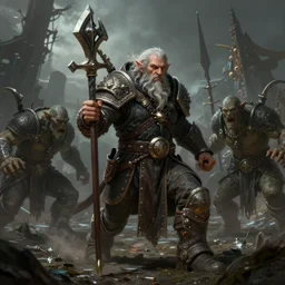 full - body portrait of a dwarf warpriest fighting orcs in epic battle, pathfinder portrait, dndart, deviantart fantasy portrait, dwarf portrait, dwarf render, 4 k, hires, grimdark, dark fantasy, beautifully detailed, art by greg rutkowski and alphonse mucha