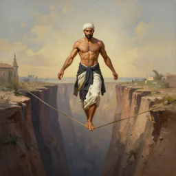 portrait of very muscled muslim man balance walking a tight rope over deep chasm, elegant, highly detailed, centered, digital painting, artstation, artgerm, donato giancola, Joseph Christian Leyendecker, WLOP, Boris Vallejo, Artgerm