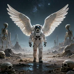 distant low angel photograph of an astronaut exploring an abandoned alien planet with alien skeletons, alien skulls, fallen kingdom city ruins, science fiction, detailed space suit, cinematic, hypermaximalist, detailed, 4k, 8k, breathtaking stars, surrealism, distant, concept art, digital art, sharp focus, reflections, RTX, octane render, acid pixie, Trending on DeviantArt