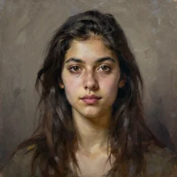 alla prima portrait oil painting of young woman with dark hair, dark beige grey background, lights and shadows, beautiful composition, hyperrealistic