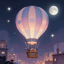 a beautiful stunning fantasy whimsical matte digital illustration of a hot - air balloon powered by magic over a lit city at night by marc simonetti, pastel color palette, disney magic the gathering steampunk, chiaroscuro magical bokeh moon stars dramatic romantic, trending on artstation hq, masterpiece