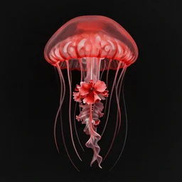 bio-mechanical jellyfish flower, red on black cyanotype illustration, detailed and aesthetic