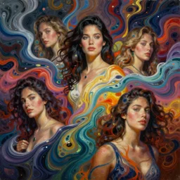 fantastic attractive beautiful spanish women into fluid hyperspace, infinity variations of colours mass, mid shot, mark maggiori, bao phan, jeff dekal, jeff simpson, intricate details, hyperrealistic oil painting on canvas, deep depth field, hd, hdr, 4 k, 8 k