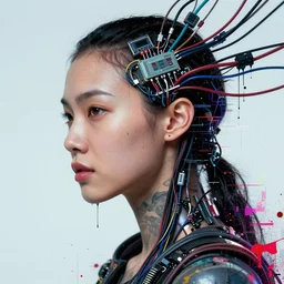 close up of a female cyberpunk, with electrical wires and computer cables coming from his head, by jeremy mann, james jean and agnes cecile, and dave mckean, ashley wood, ink drips, paint smears, digital glitches, glitchart