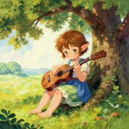 Cute Bard Girl playing an instrument, in the shade of an oak tree, trending on Pixiv, trending on ArtStation, vibrant gouache painting scenery, highly detailed fantasy character illustration by Wayne Reynolds and Charles Monet and Gustave Dore