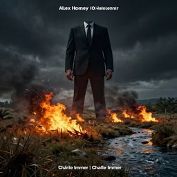 a dark poster artwork by Alex Horley, Charlie Immer of a giant men in suit setting fire to the wild nature near a river, sharp focus, octane render 8k , dramatic composition