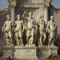 oil painting extremely detailed of a destroyed panteon with 7 statues of extint forgotten gods