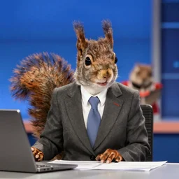 a squirrel discusses international affairs, wearing a suit, on the evening news, realistic television still