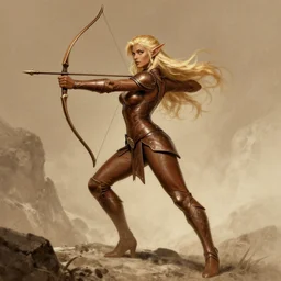 beautiful elf archer in the slumps, brown skin, golden hair, skintight brown leather armor, high fantasy, dnd, smooth, sharp focus, sepia, illustration, by rossdraws, alphonse mucha, frank fanzzeta