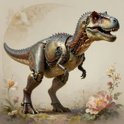portrait of a trex, robot steampunk, floral! horizon zero dawn machine, intricate, elegant, highly detailed, ray tracing, digital painting, artstation, concept art, smooth, sharp focus, illustration, art by artgerm and greg rutkowski and alphonse mucha, 8 k
