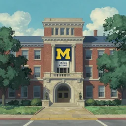 University of Michigan in Ann Arbor, ghibli style, illustration, azure tones, vintage colors, trending on artstation