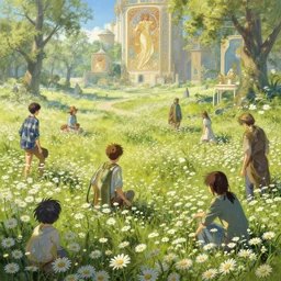 fantasy world in a field of daisies, painting by unreal engine, greg rutkowski, loish, rhads, beeple, makoto shinkai and lois van baarle, ilya kuvshinov, rossdraws, tom bagshaw, alphonse mucha, global illumination, detailed and intricate environment
