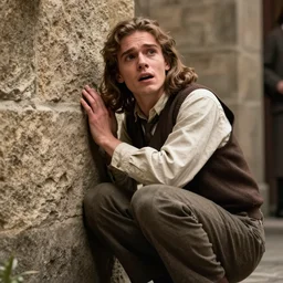 Still of a movie set in the 1930s where a terrified young man with long hair is crouched up against a stone wall. He is looking utterly panicked and distressed
