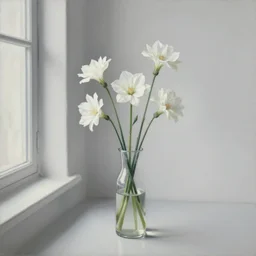a painting of a few white flowers in a glass vase in the shade, next to a window, minimalism, by ben aronson