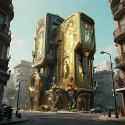 hyper realistic landscape concept art house solarpunk cyborg in the street, style brutalism, gold and black turquoise ratio, alphonse mucha, octane render