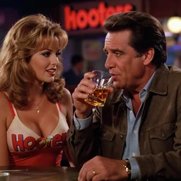 a close - up, color cinema film still of a johnny cash talking to a beautiful hooters woman drinking whiskey at a hooters, ambient lighting at night.