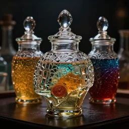 glass brain shaped jars filled with different mixing liquids, dark lighting, cinematic shot, intricate, ornate, photorealistic, ultra detailed, realistic, 1 0 0 mm, photography, octane, high definition, depth of field, bokeh, 8 k, artstation