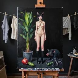 realistic painting of a black painted canvas, on an easel in a dark artist's studio with black walls, tall emo catgirl, hemp rope, bromeliad, paint, clothes hanging on a clothesline to dry, high black boots, pomegranate, a black pig, courgette, black octopus, sensual, acrylic and oilstick on canvas