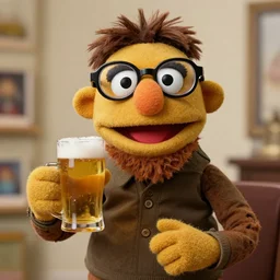 a thin muppet!!!! that has a long brown goatee!!! and handlebar mustache!!!, the muppet wears reading glasses and has short brown hair, holding a beer, photograph
