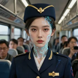 girl conductor on a train, fine - face, audrey plaza, realistic shaded perfect face, fine details, intricate lights, phoenix, bio luminescent, plasma, by ruan jia and artgerm and range murata and wlop and ross tran and william - adolphe bouguereau and beeple. key art. fantasy illustration. award winning, artstation, intricate details,