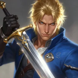 closeup portrait of a blonde man in a blue suit with piercing armor with his sword, d & d, heartstone, digital painting, volumetric light, intricate, sharp, focus, bloom, illustration, highly detailed, concept art, matte, ruan jia, randy vargas, greg rutkowski